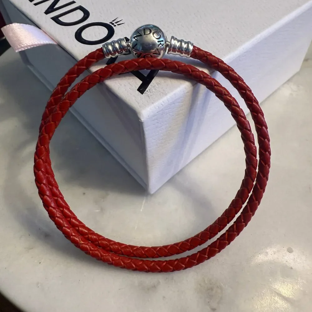 PANDORA Red Braided Leather Double Wrap Bracelet with Silver Clasp